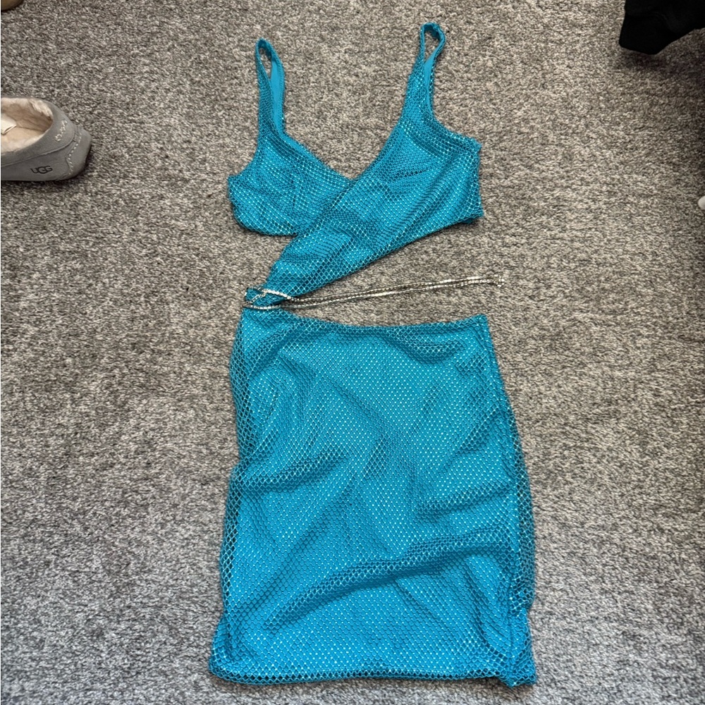 Oh Polly Teal Mesh Detail Dress - Picture 3 of 6